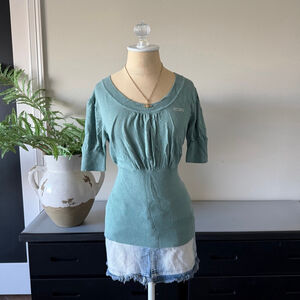 Bebe Teal Rhinestone Logo Puff Sleeve Knit Top – Y2K Fitted Pastel Boho Chic